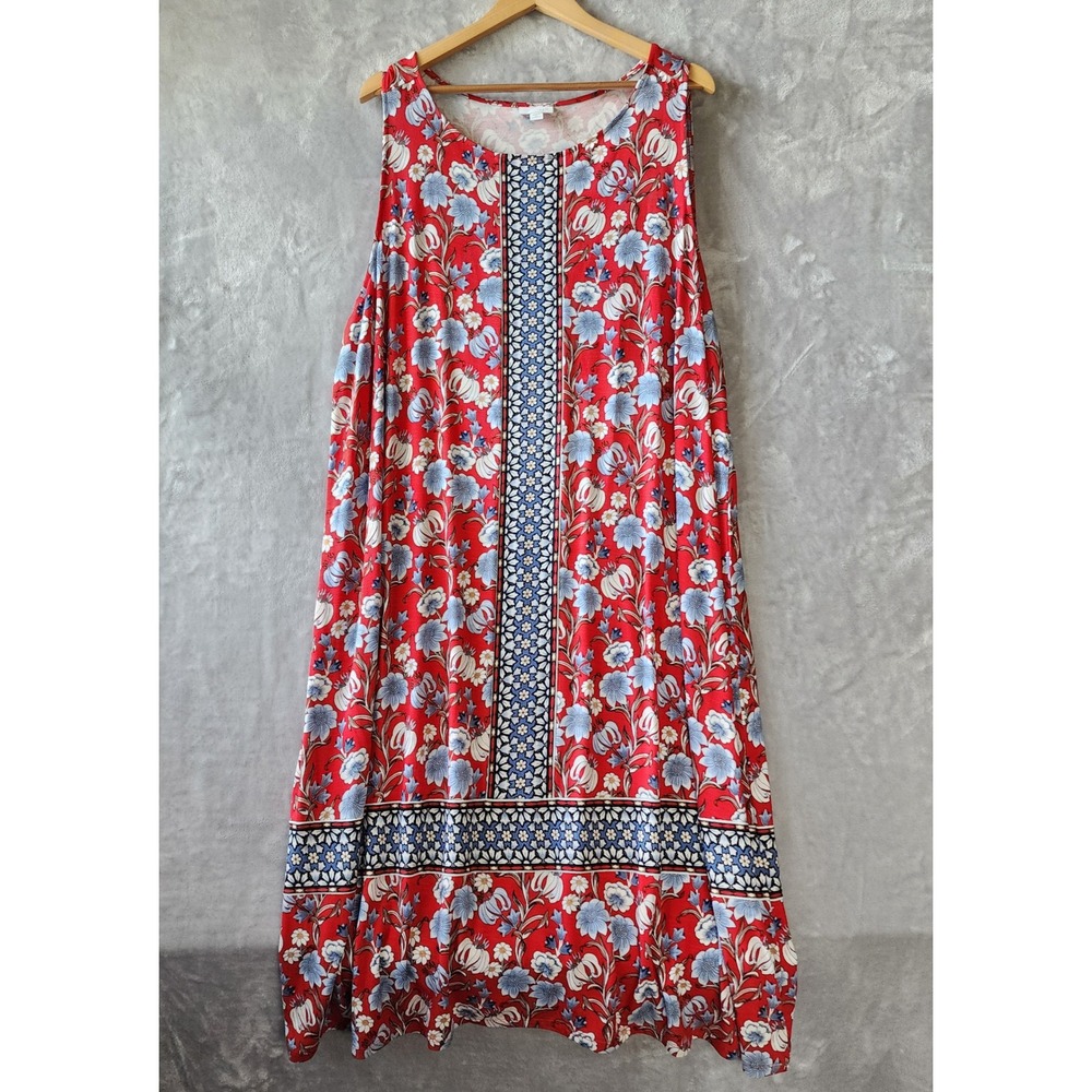 J. Jill Dress Womens Size 3X Red Blue Floral Print Stretch Knit Sleeveless Tank